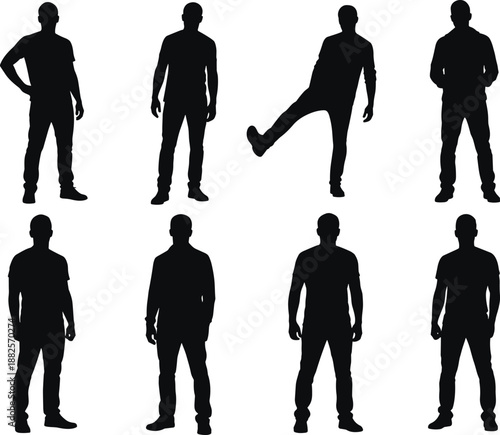 Set of eight male silhouettes in various casual standing poses and active gestures isolated on white background for lifestyle design projects