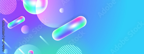 Vibrant cyan and purple composition featuring glowing glass spheres and pill shapes with diagonal lines and soft light effects