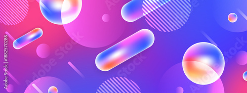 Aesthetic magenta and violet backdrop with glossy translucent spheres and capsules floating in a dynamic digital space