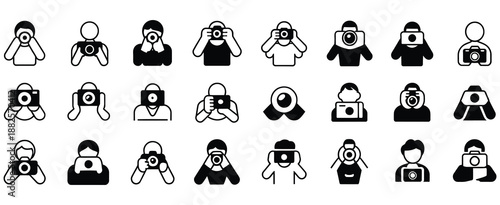Camera icon designs in black and white representing photography equipment capture technology and visual media concepts