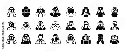 Camera photography icons in black and white style for media content creation photo studio and digital imaging use