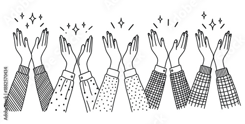 Black and white illustration of multiple diverse hands clapping above with sparkles indicating appreciation celebration and applause for an achievement or performance