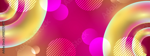 Bold pinkish red composition with curved golden light tubes and floating translucent spheres with dot patterns