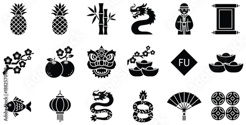 Collection of black silhouette icons representing traditional Chinese New Year celebrations and cultural symbols for holiday design projects