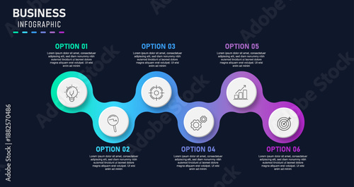 Dark Business Infographic with Six Connected Steps, Curved Workflow Diagram for Corporate Process, Strategy, and Timeline Presentation