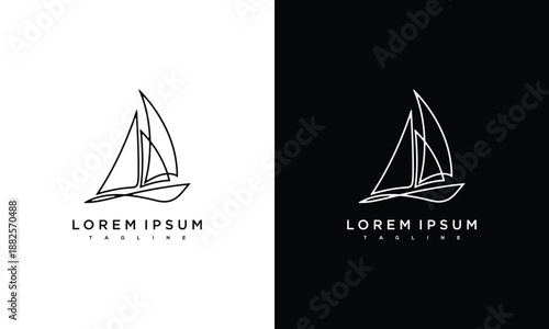 Sailboat logo design template on white and black background, showcasing simple and modern nautical illustration style