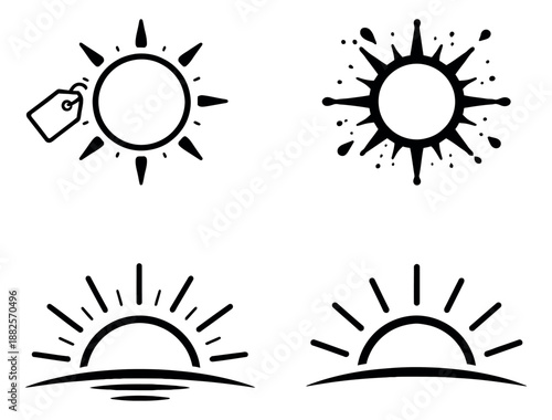 Hand drawn line art sun icon set featuring various sun designs, sunrises, and a price tag for summer, weather, or sales promotions