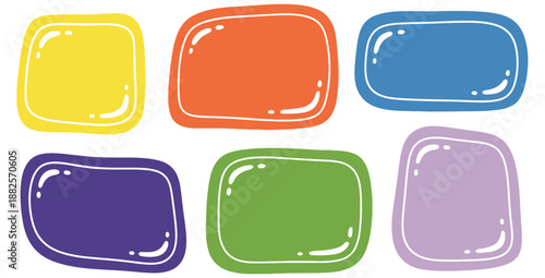 Set of six colorful hand drawn rounded rectangle text boxes with white outlines and glossy highlight details perfect for fun labeling or design elements