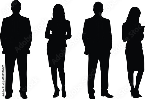 Set of Professional Business People Silhouettes Featuring Corporate Men and Women in Formal Suits Isolated on a Clean White Background