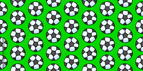 Seamless soccer ball pattern on green background with glossy 3d football icons for sports wallpaper, tournament branding, athletic fabric prints, and activewear design elements.