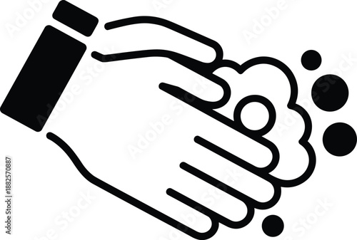 Hand washing vector line icon with soap bubbles, hygiene concept, sanitary cleaning symbol, black outline illustration, isolated