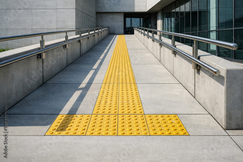 Accessible concrete wheelchair ramp with yellow tactile paving leading to modern building entrance