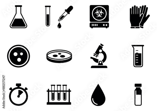 Solid icon laboratory equipment set featuring essential scientific instruments for research and experiment