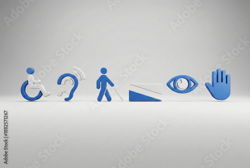 Blue 3D Accessibility and Disability Icons Set: Wheelchair, Hearing, Vision, and Mobility Symbols on White Background