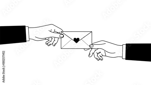 Two hands holding a love letter envelope with a heart icon, romantic message delivery illustration.