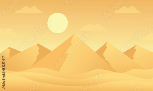 Abstract Desert Landscape Background with Sand Dunes, Mountains, and Sun, Minimalist Flat Style Design, Vector Illustration