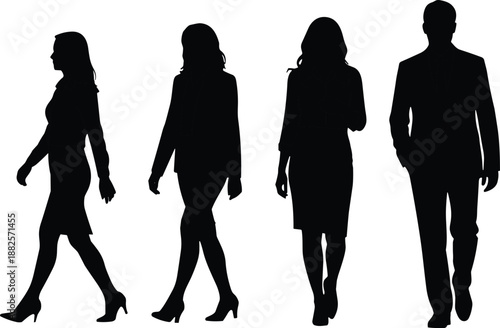 Professional business silhouettes of diverse office employees and executives walking forward representing corporate leadership success teamwork and modern workforce career growth