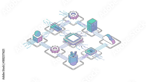 An isometric view illustration of a technological diagram featuring a central processing unit (CPU).