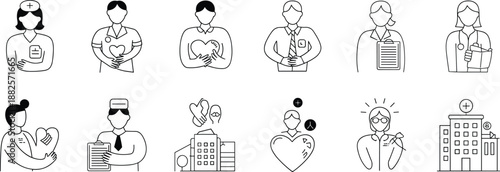 Healthcare workers line icons set, doctors nurses medical staff illustration, hospital care, health service, outline vector, teamwork concept