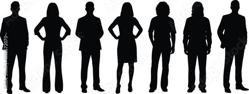 Vector Silhouettes of Professional Business Team Featuring Corporate Men and Women in Formal Suits and Confident Poses Isolated on White