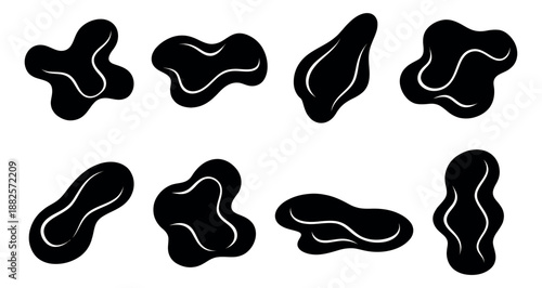 Modern fluid shapes set featuring organic black forms with internal wavy line art for creative graphic design