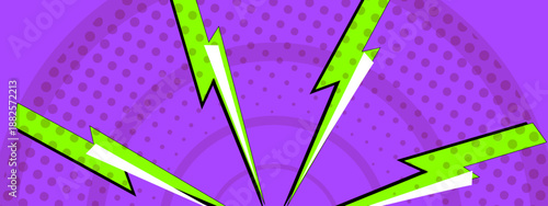 High energy purple halftone backdrop featuring striking lime green lightning bolts in a radial layout