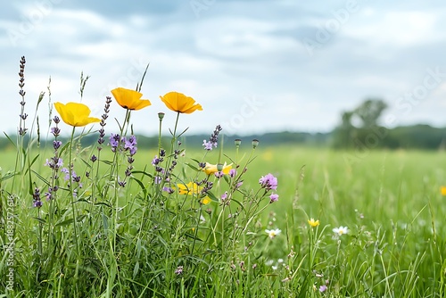 Colorful Wildflowers in a Lush Green Field Under a Soft Blue Sky on a Peaceful Day