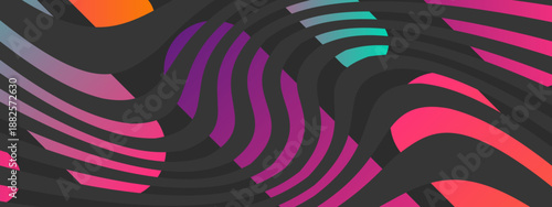 Elegant dark wavy ribbons weaving through bright pink and purple circular shapes in a rhythmic pattern