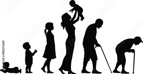 Human life cycle silhouette showing baby childhood adulthood parenthood aging stages, family evolution concept, lifespan development illustration art design background