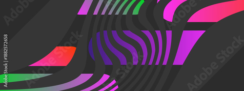 Hypnotic black curved lines distorting a background of bright magenta and green geometric pillars