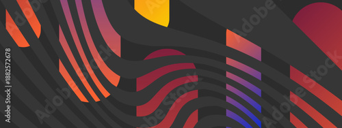 Sophisticated dark flowing stripes layered over vertical rounded columns featuring orange and purple gradients