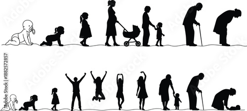 Human life cycle silhouettes, age progression illustration, birth to old age, family development stages, generational timeline vector, symbolic growth concept
