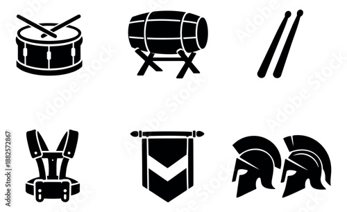 Iconic military history set featuring a drum, barrel, harness, banner, and spartan helmets for historical design