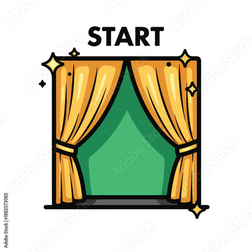 A cartoon stage with open golden curtains