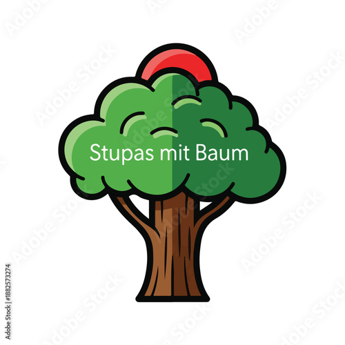 A cartoon tree with a brown trunk and green leaves under a red sun