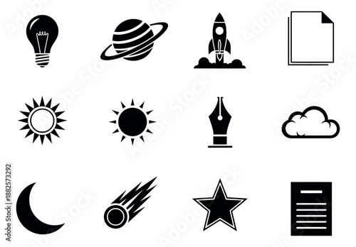 Minimalist universal icons set featuring cosmic, idea, and document symbols for web design and infographics