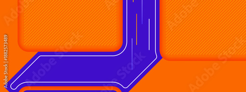 Vibrant orange background with a central violet geometric path and slanted linear texture details