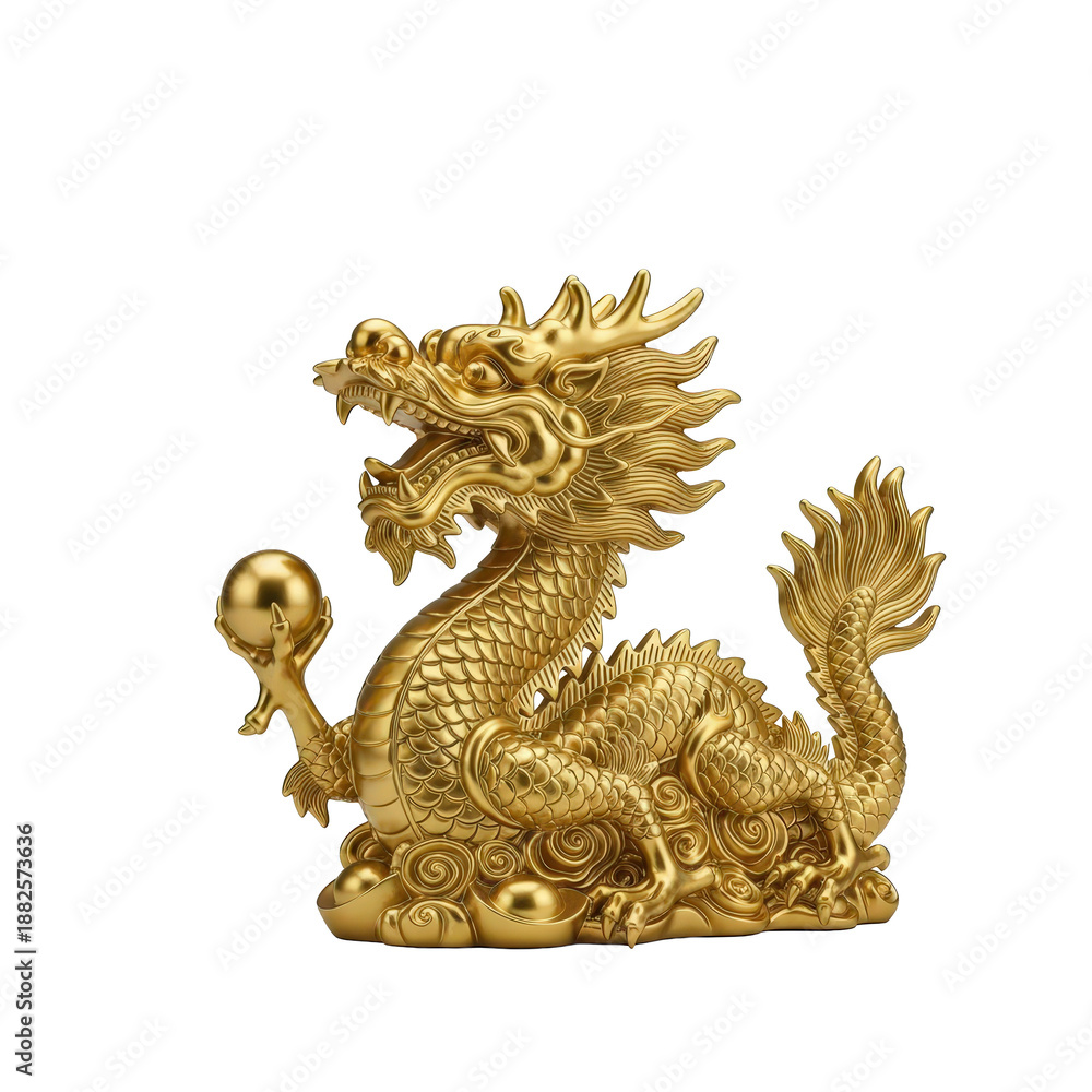Fototapeta premium Luxurious golden chinese dragon statue holding a pearl, isolated studio shot for chinese new year culture.