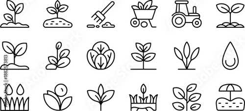 Set of Agricultural Icons Featuring Plants and Farm Tools