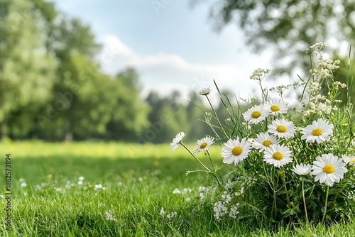 Beautiful Daisies in Bloom on Lush Green Background with Soft Focus in Nature