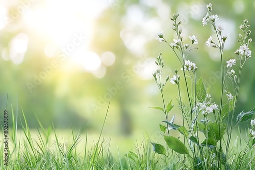 Delicate White Flowers Blooming in a Lush Green Meadow on a Bright Sunny Day