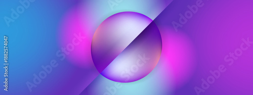 Abstract composition featuring a central split sphere over a soft bokeh background of pink and blue