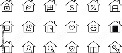 Set of House Icons with Various Symbols