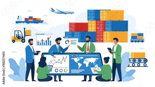 Global Logistics Team Analyzing Data and Managing Shipping Containers in a Busy Industrial Setting from an Overhead Viewpoint