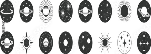 Celestial moon and planet icon collection black silhouette astrology symbols stars constellations cosmic elements isolated on beige background minimal design