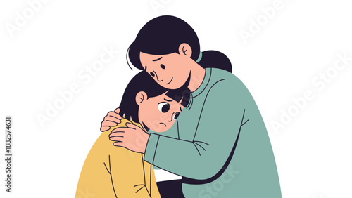 Mother comforting and hugging her sad daughter.