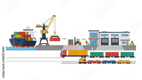 Cargo ship unloading containers at a busy dock with crane, truck, and train nearby, illustrating transportation logistics