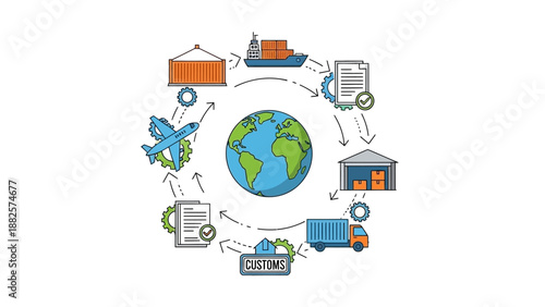 Global logistics and transportation network illustration showing delivery process worldwide