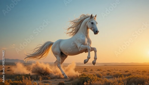 White horse rearing up in dusty desert landscape at sunset