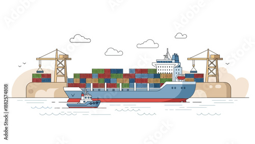 A large cargo ship is being unloaded by cranes at a bustling port with containers stacked on its deck and a tugboat assisting nearby in the harbor.